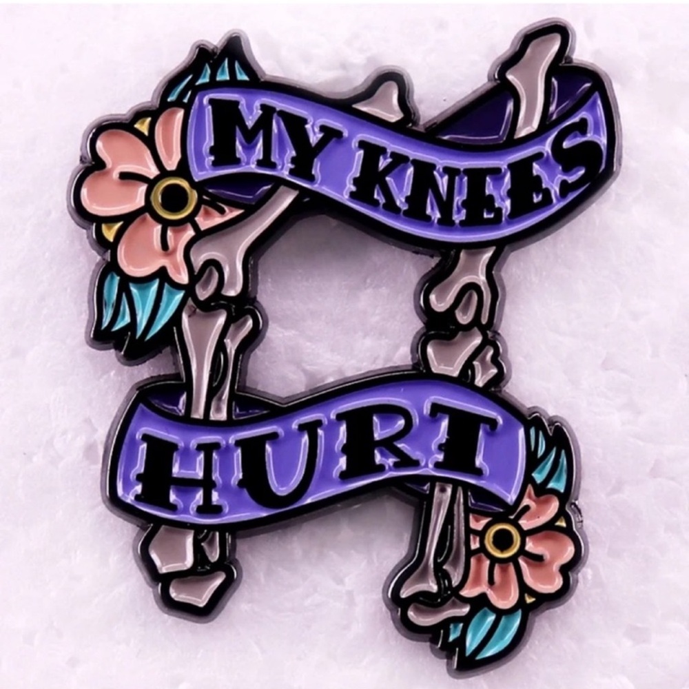 My Knees Hurt Enamel Pin, Skeleton Legs Purple and Grey Enamel Pin
